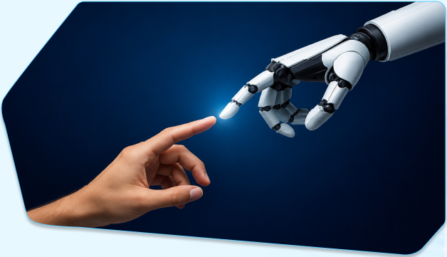 A robotic hand reaching towards a human hand